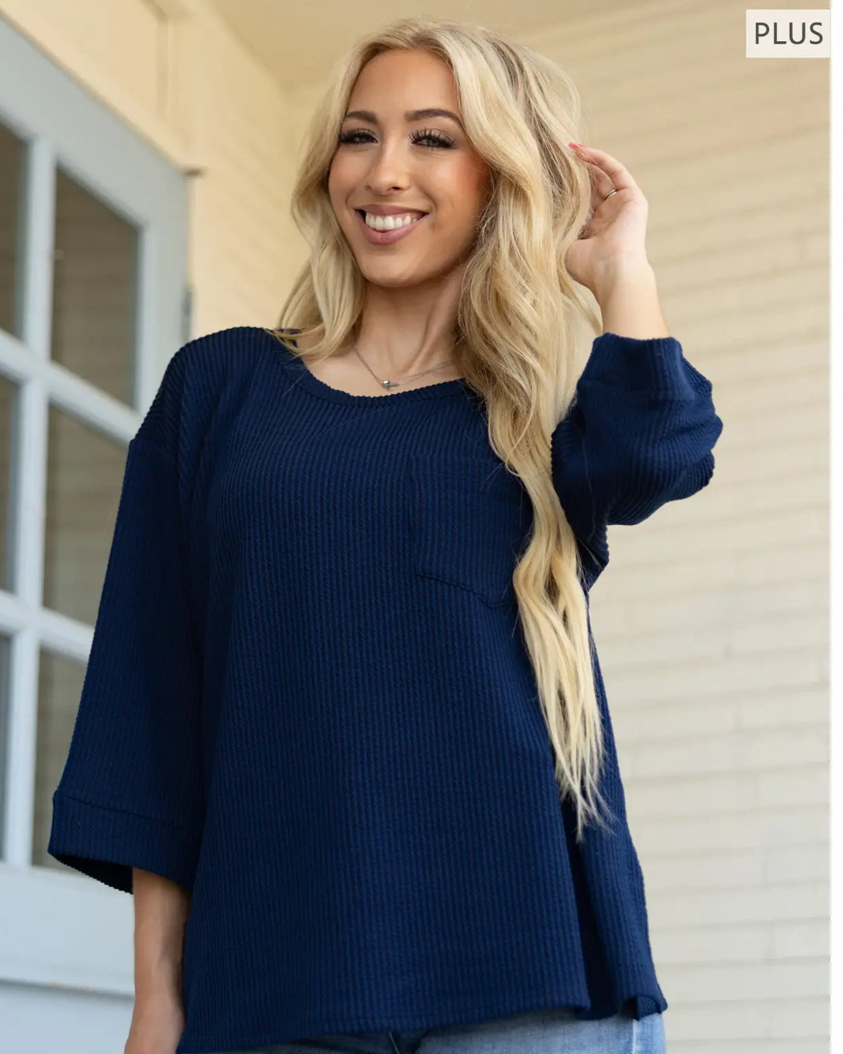 Navy Plus Size Ribbed 3/4 Sleeve Knit Top