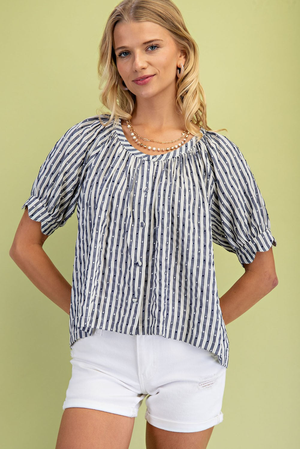 Navy Swiss Dot And Striped Round Neck Blouse