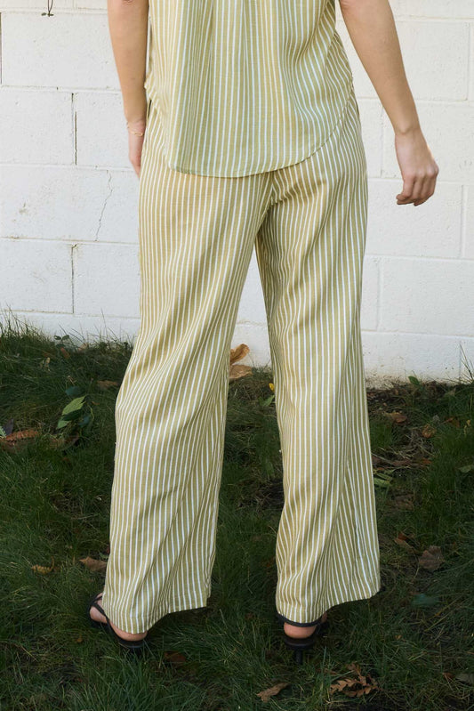 Olive Stripe Wide Leg Drawstring Linen Pants