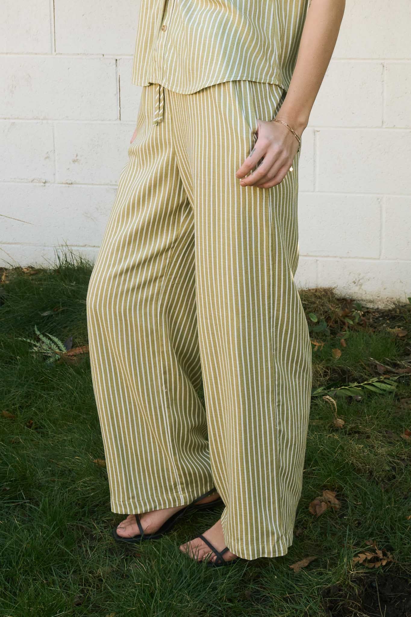 Olive Stripe Wide Leg Drawstring Linen Pants