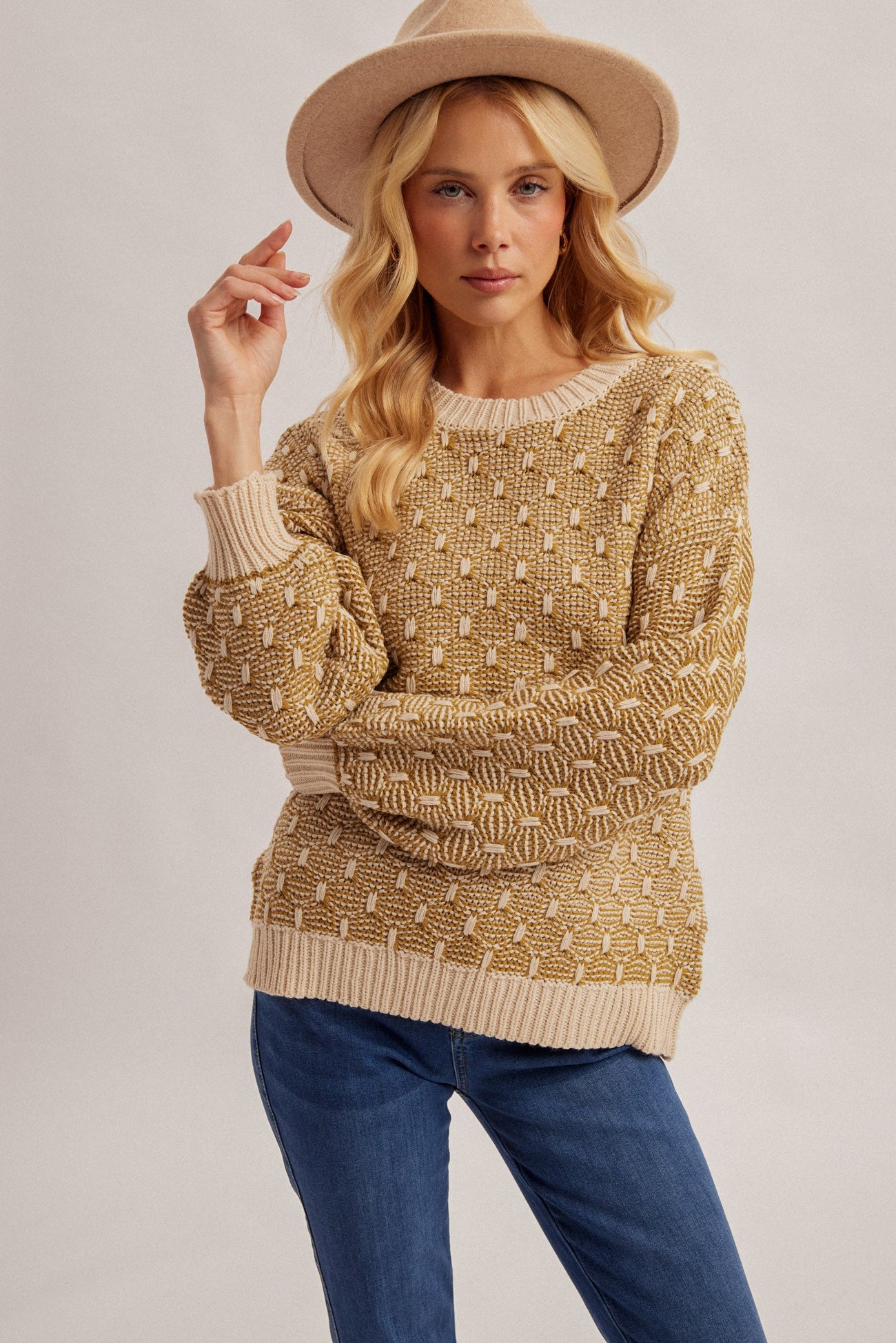 Olive Two-tone Texture Weave Sweater Pullover