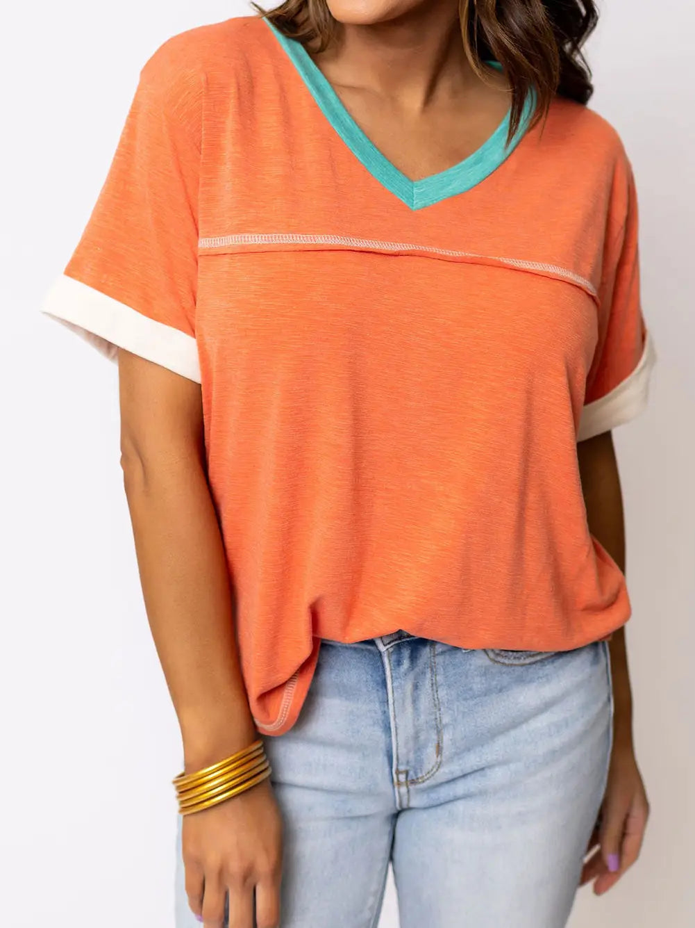 Grapefruit Orange Contrast Trim Exposed Seam V Neck T-Shirt