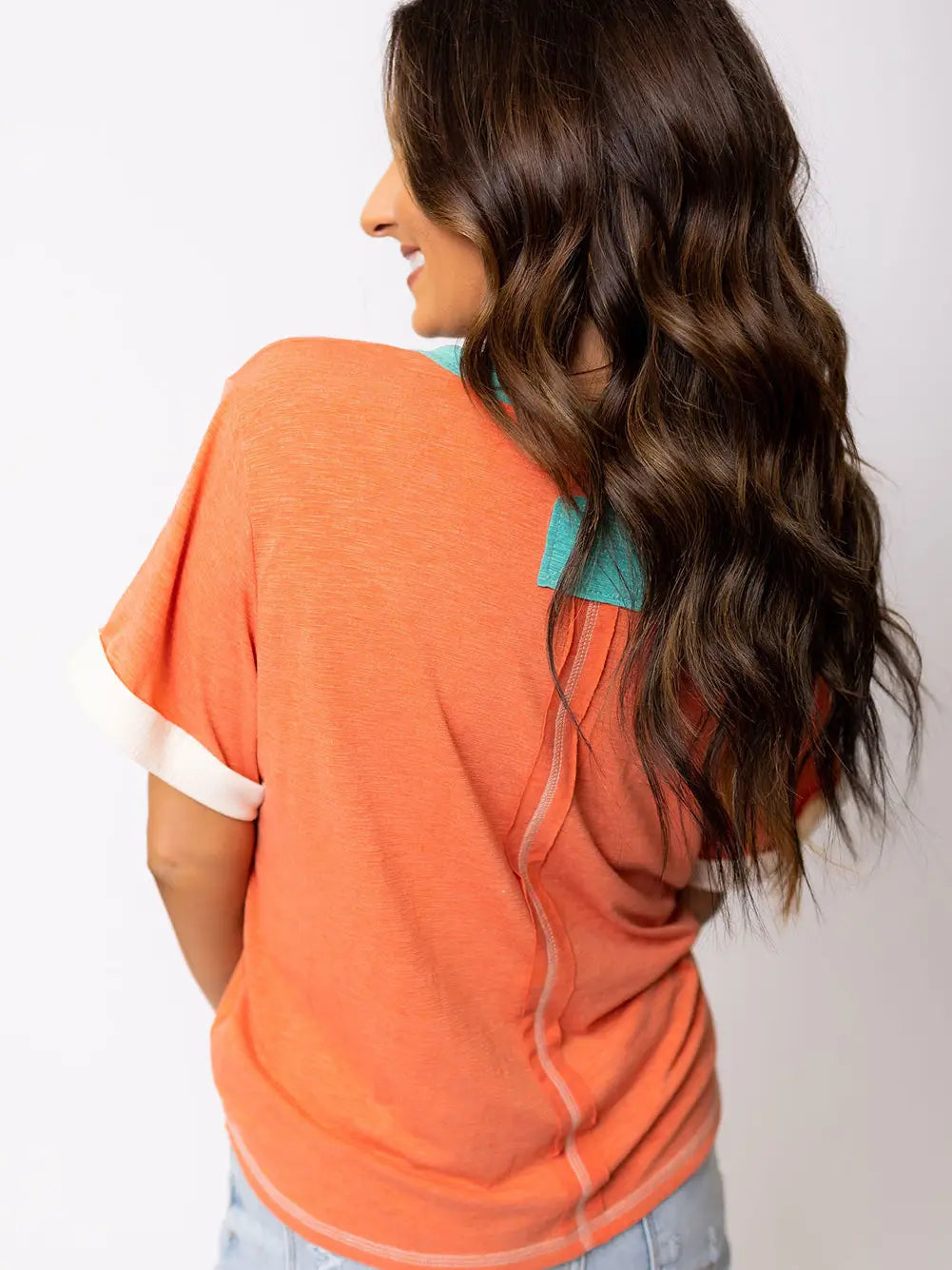 Grapefruit Orange Contrast Trim Exposed Seam V Neck T-Shirt