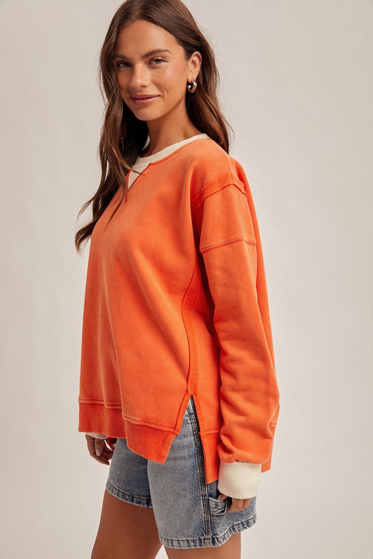 Orange Color Block Snow Wash Oversized Sweatshirt
