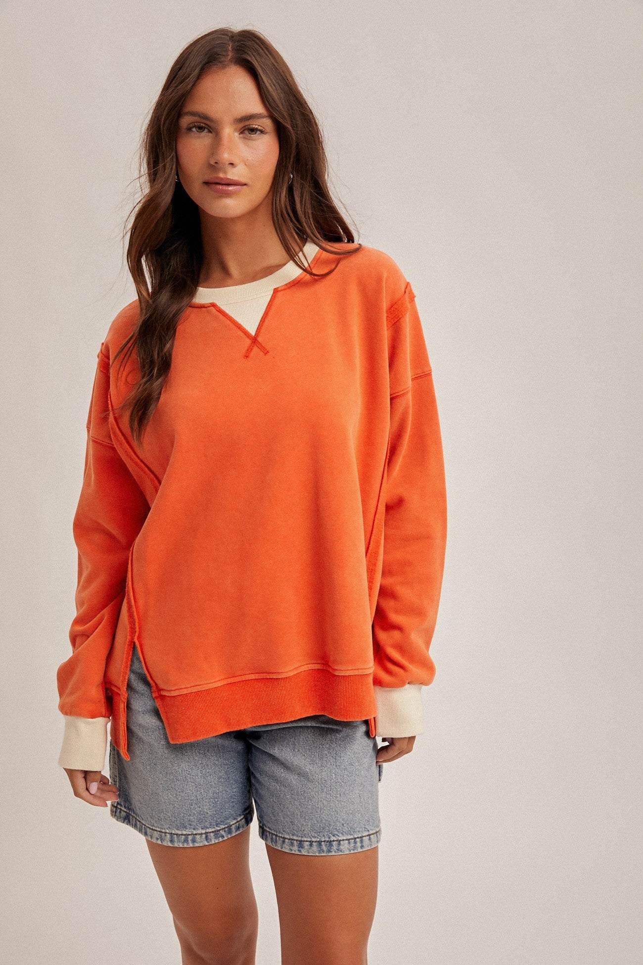 Orange Color Block Snow Wash Oversized Sweatshirt