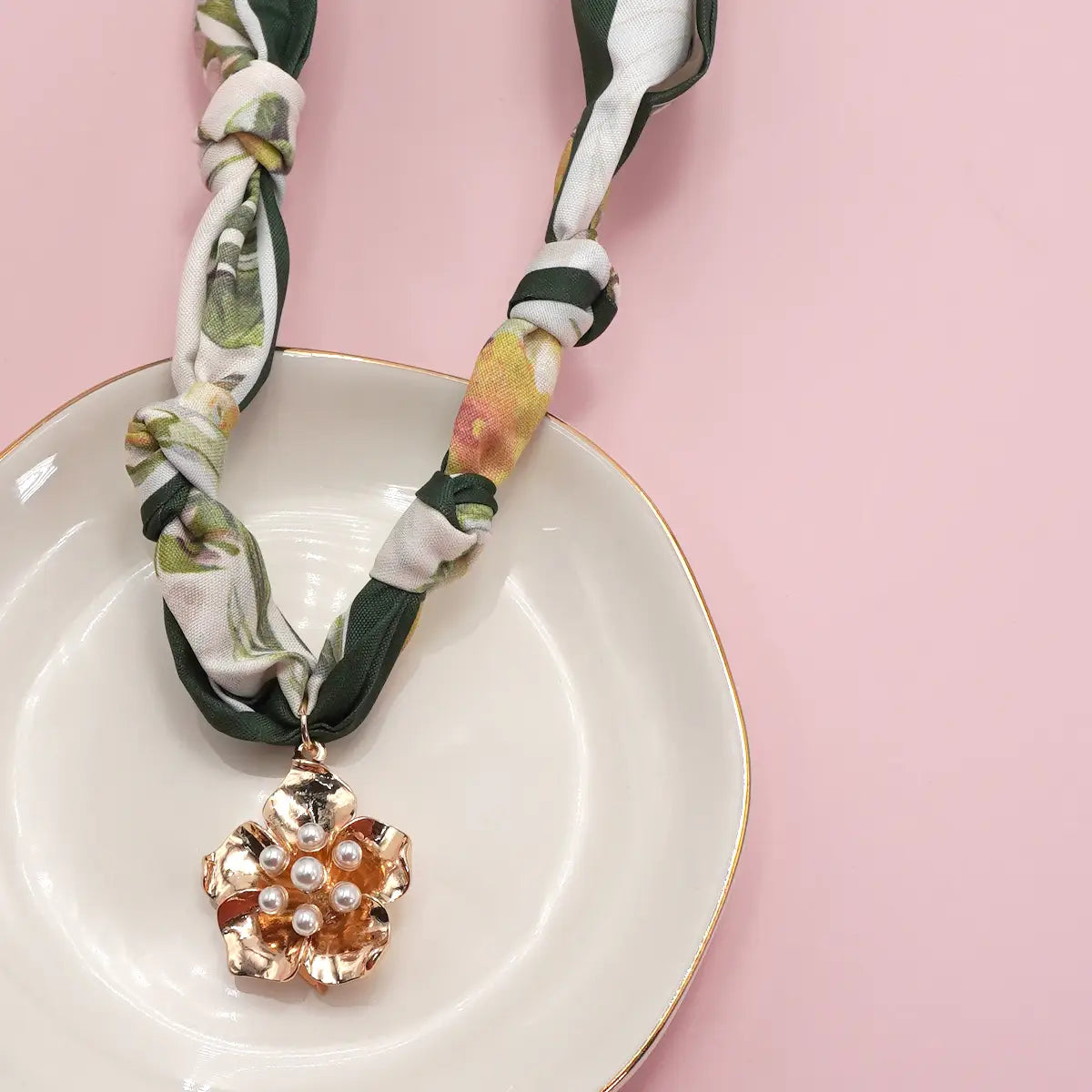 Gold Pearl Flower Handmade Scarf Charm Necklace