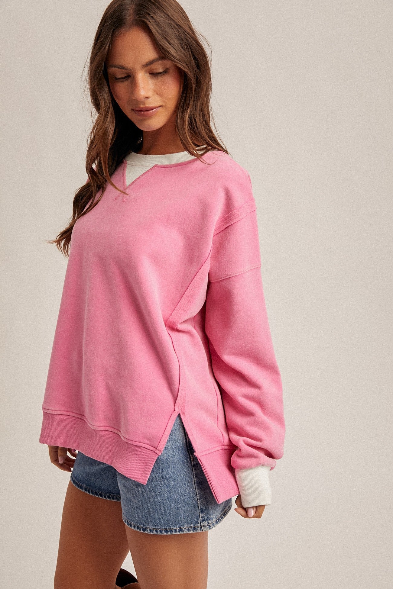 Pink Color Block Snow Wash Oversized Sweatshirt