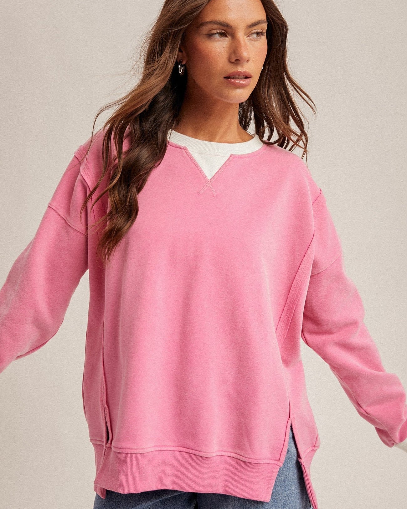 Pink Color Block Snow Wash Oversized Sweatshirt