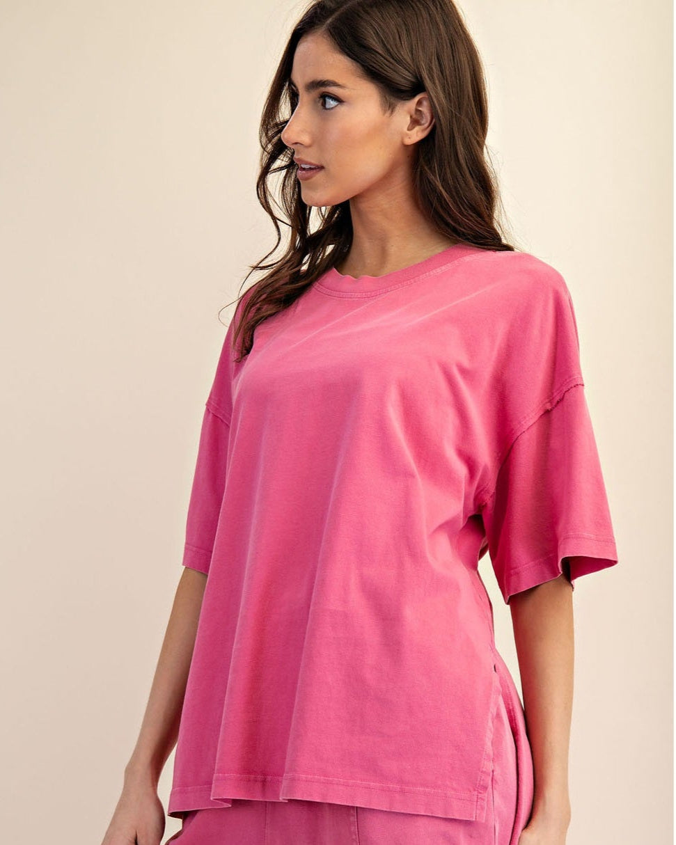 Pink Mineral Washed Cotton Oversized Slit Tee