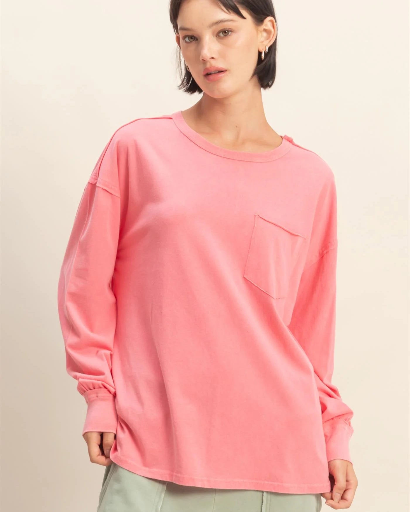 Pink Oversized Washed Long Sleeve Pocket Tee
