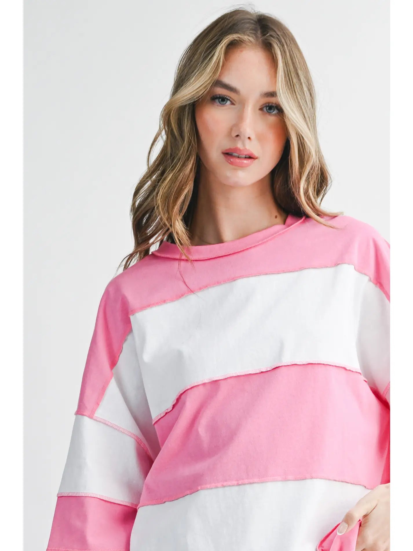 Pink and White Contrast Panel Long Sleeve Slouchy Top