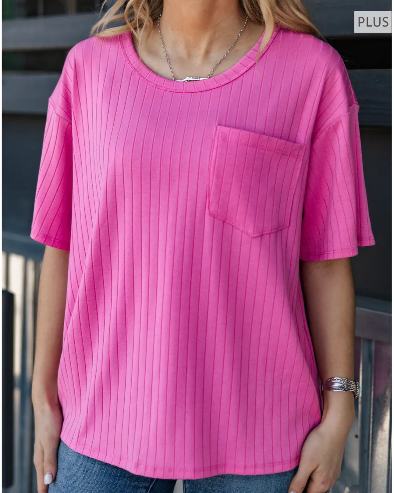 Pink Plus Size Ribbed Boyfriend Style Oversized Top
