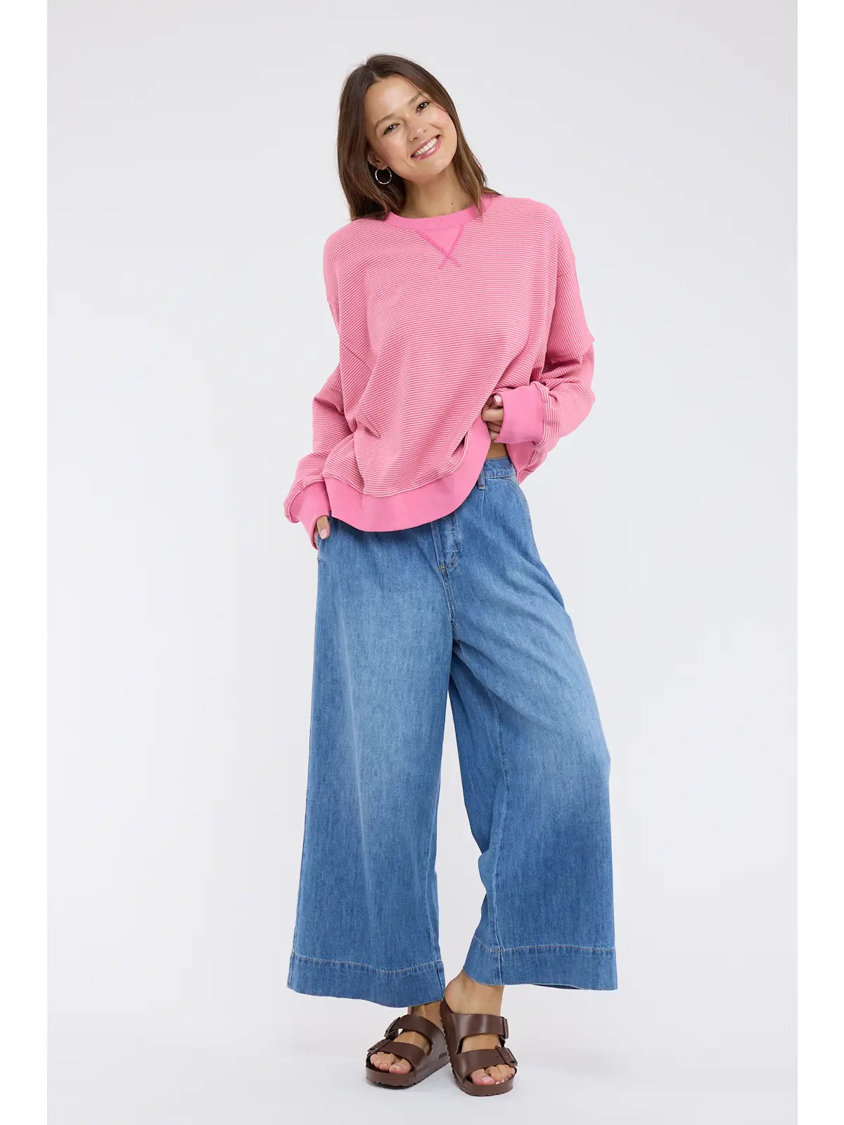 Pink Stripe Drop Shoulder Sweatshirt