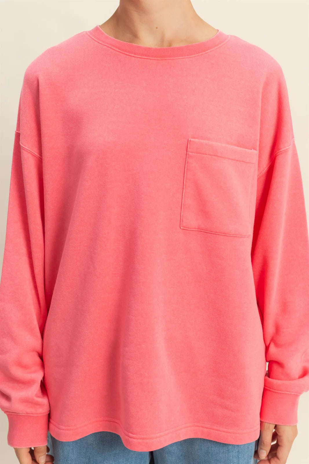 Taffy Pink Basic Crew Neck Single Pocket Pullover Sweatshirt