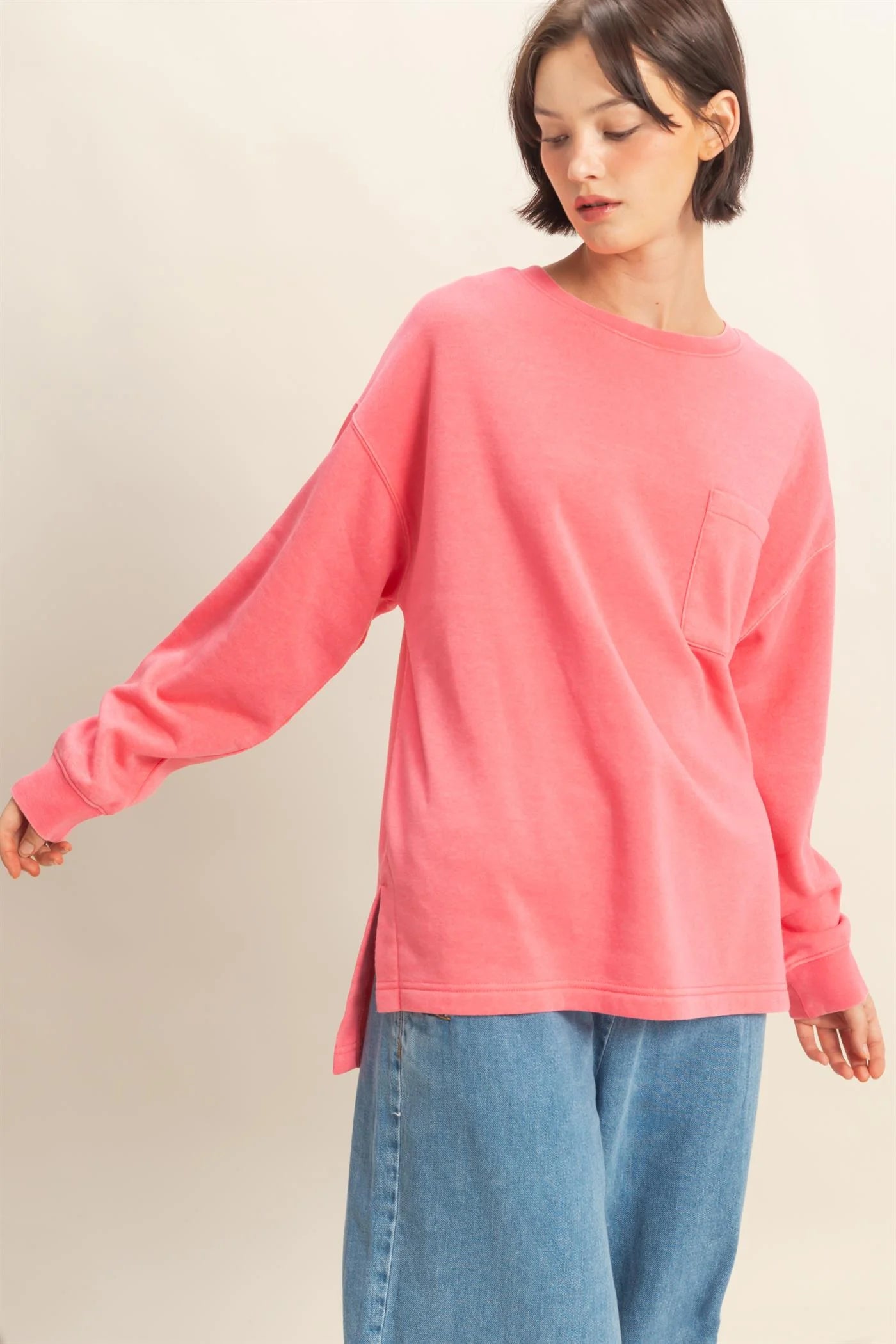 Taffy Pink Basic Crew Neck Single Pocket Pullover Sweatshirt