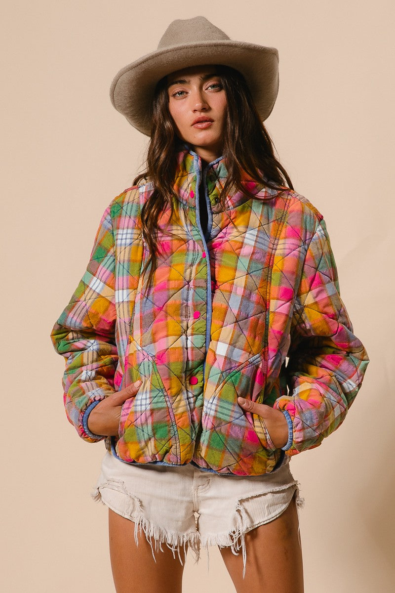 Bleached Vintage Plaid Quilted Jacket With Pockets