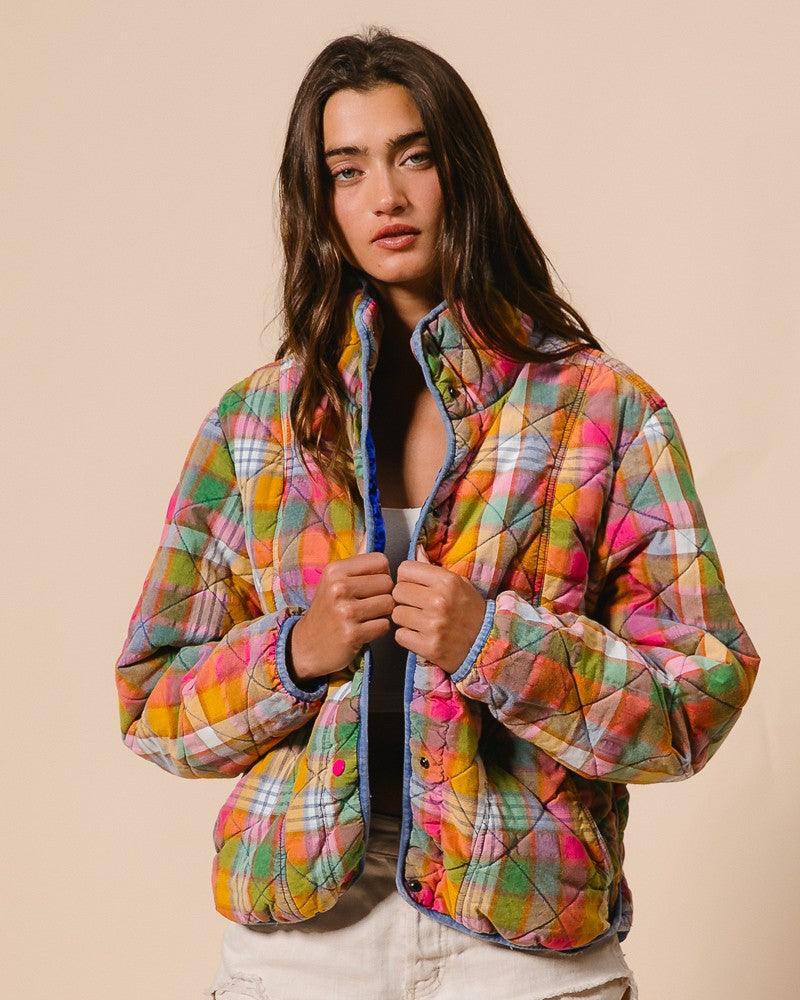 Bleached Vintage Plaid Quilted Jacket With Pockets