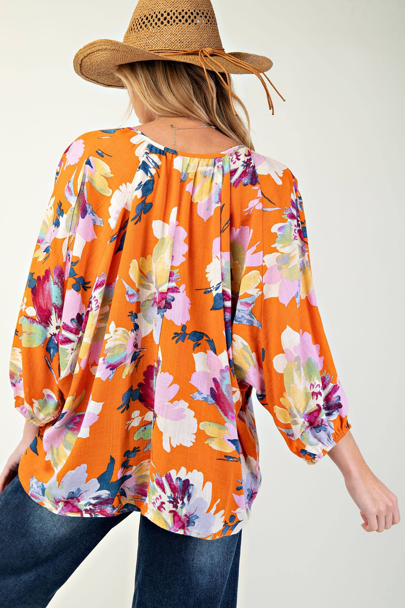 Orange Printed Rayon linen top - Plus