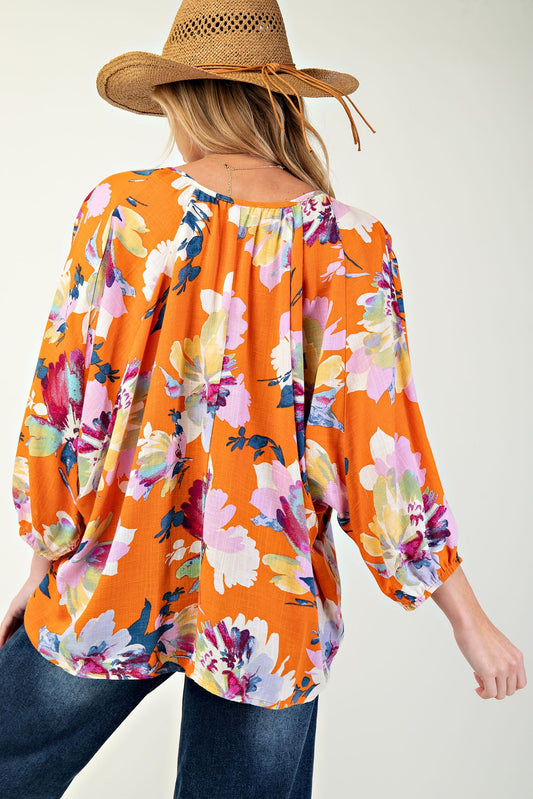 Orange Printed Rayon linen top - Plus