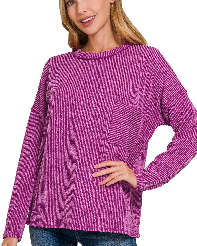 Plum Ribbed long sleeve pocket top
