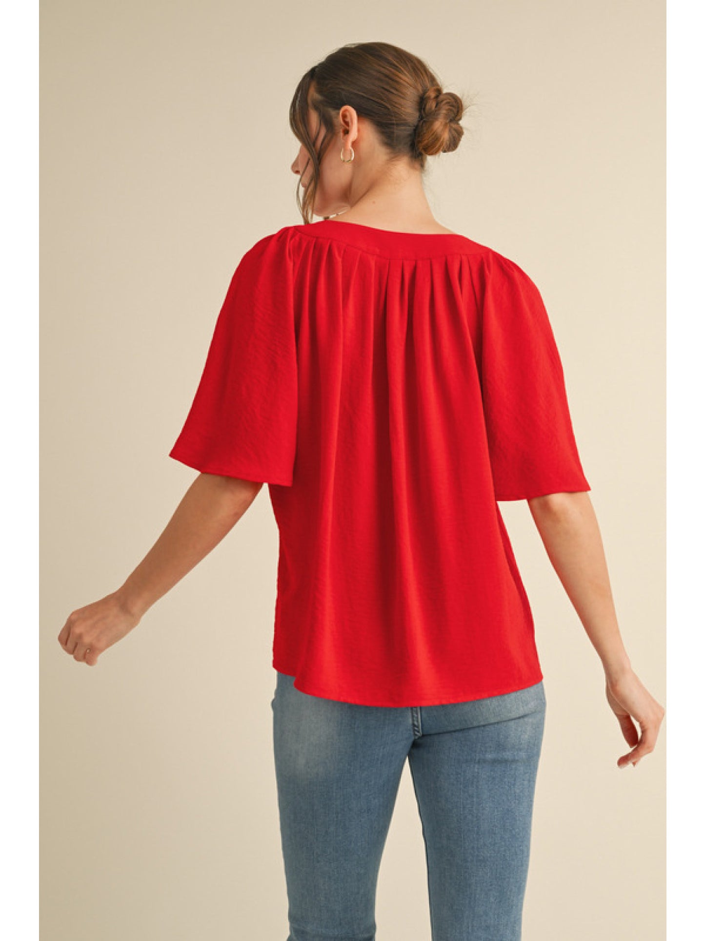 Red Slit Neck, Cape Sleeve Top