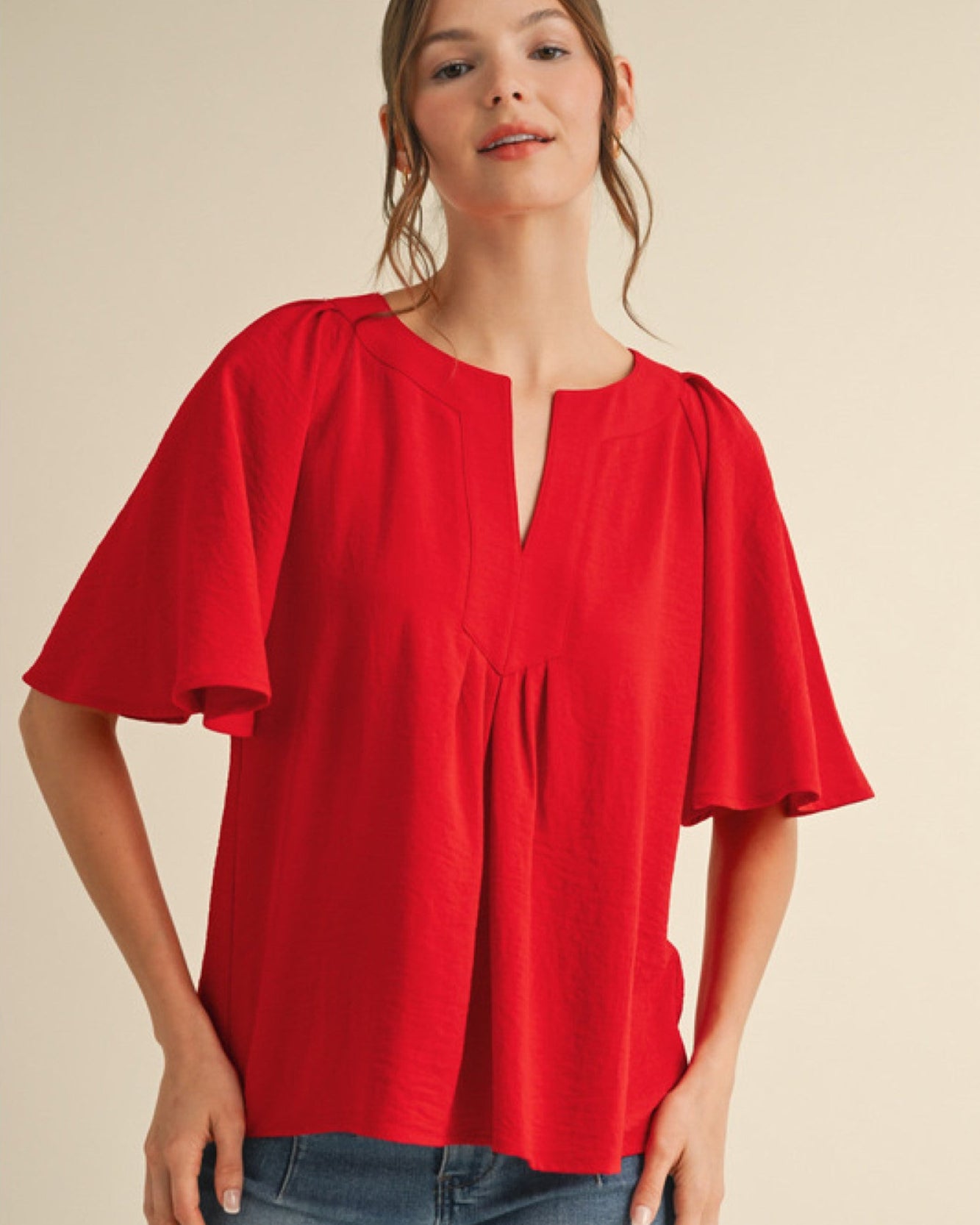Red Slit Neck, Cape Sleeve Top