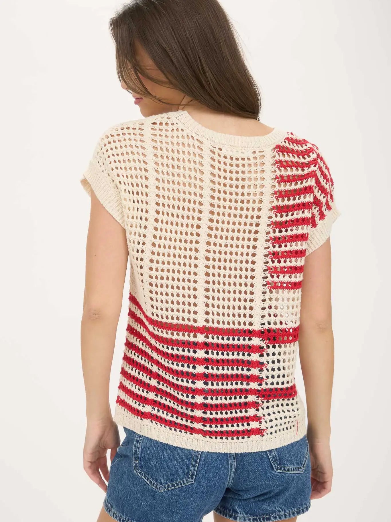 Red Multi Stripe Short Sleeve Sheer Crochet Knit Top