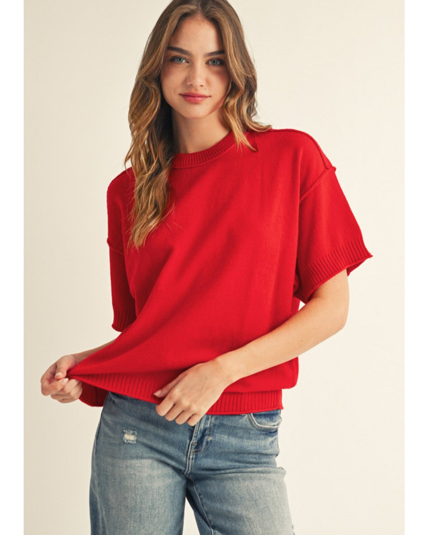 Red Drop Shoulder Sweater with Raw edge