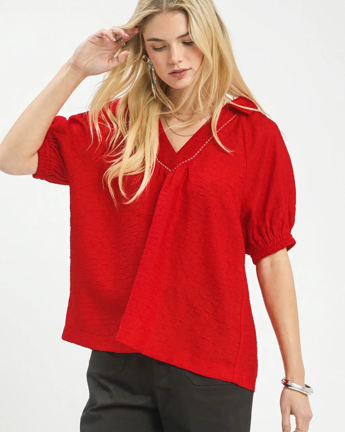 Red textured V neck Short sleeve top