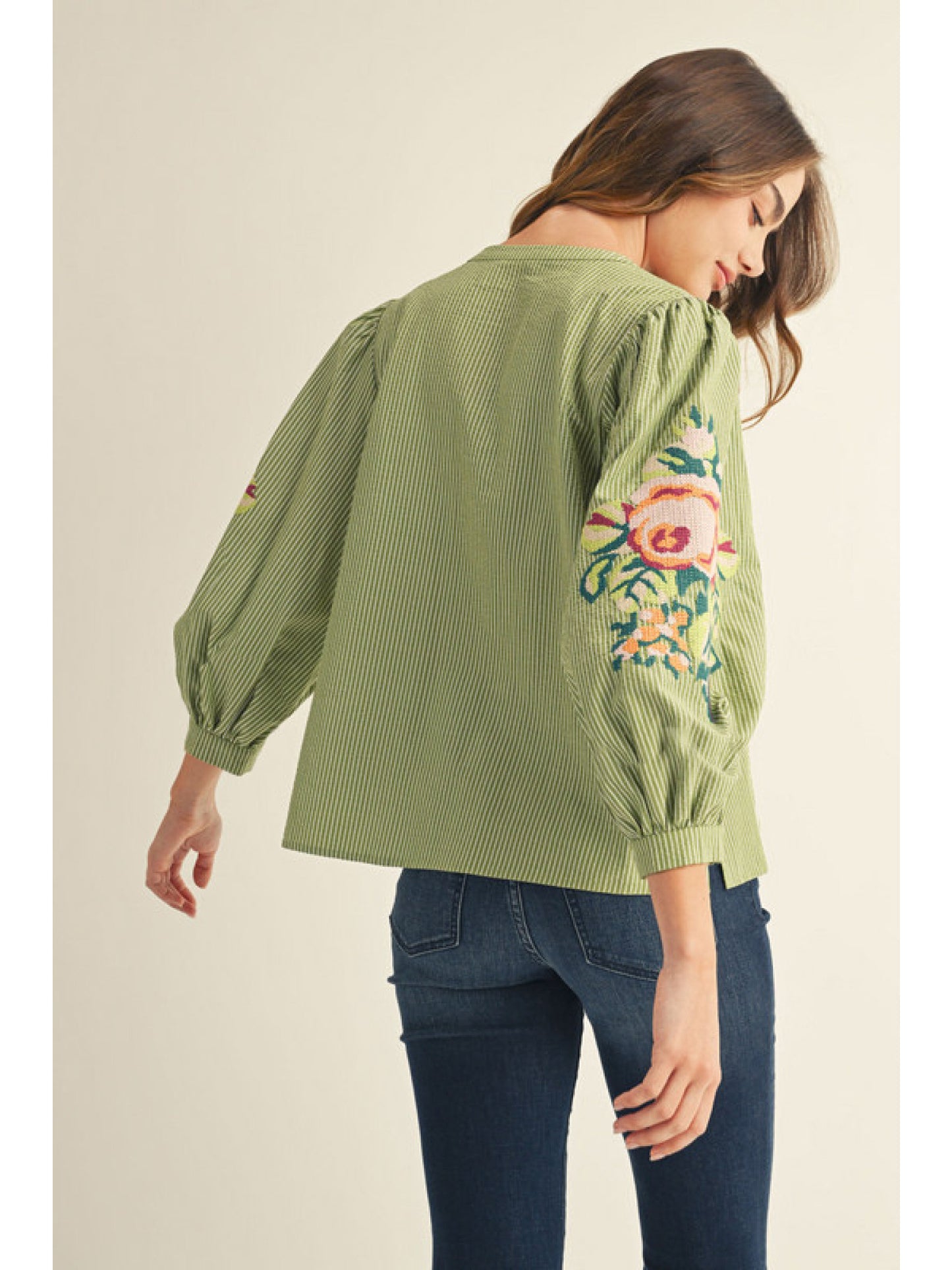 Olive Puff Sleeve embroidered top
