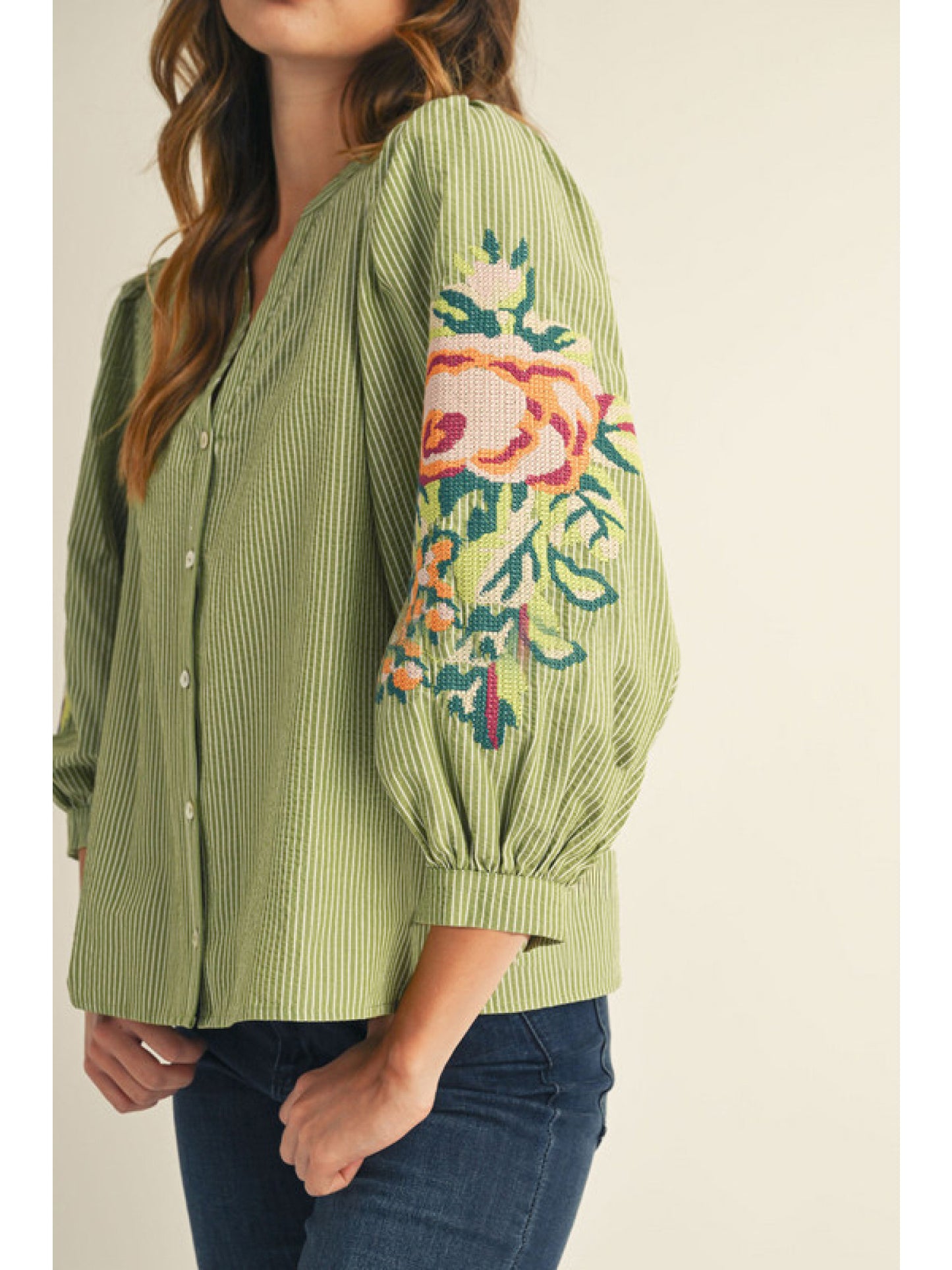 Olive Puff Sleeve embroidered top