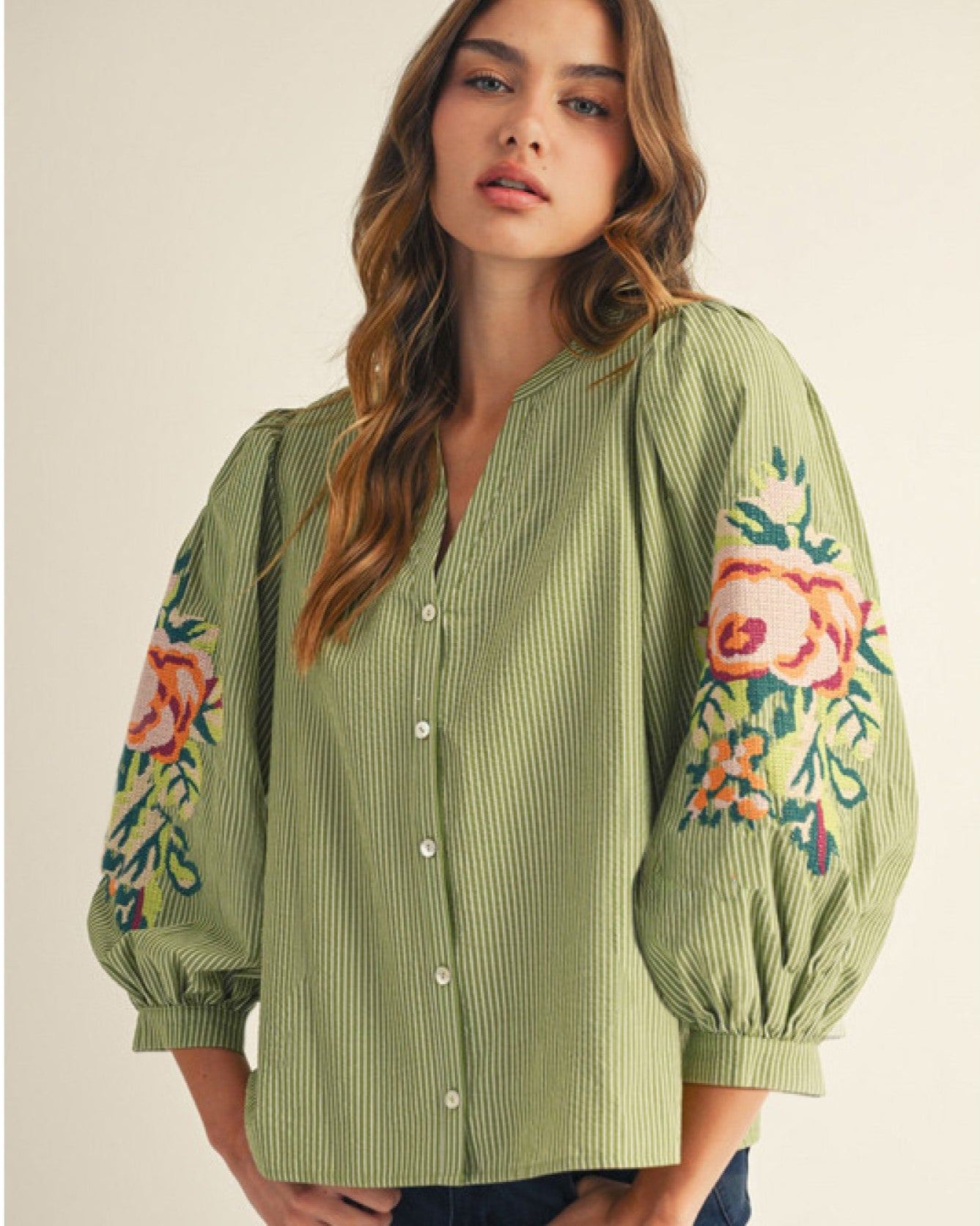 Olive Puff Sleeve embroidered top