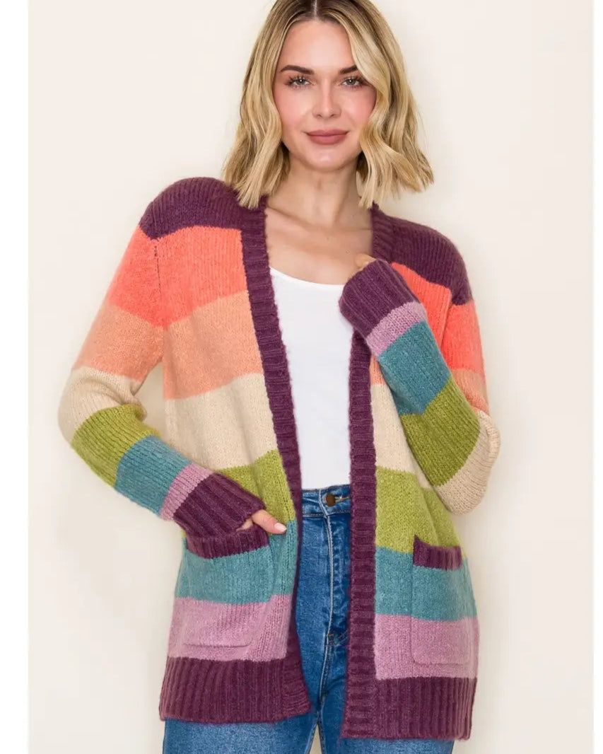Plum Multi Color Blocked Sweater Cardigan
