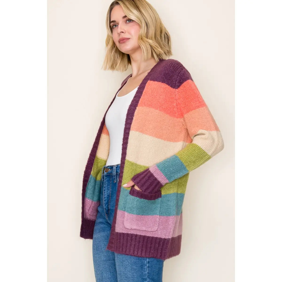 Plum Multi Color Blocked Sweater Cardigan