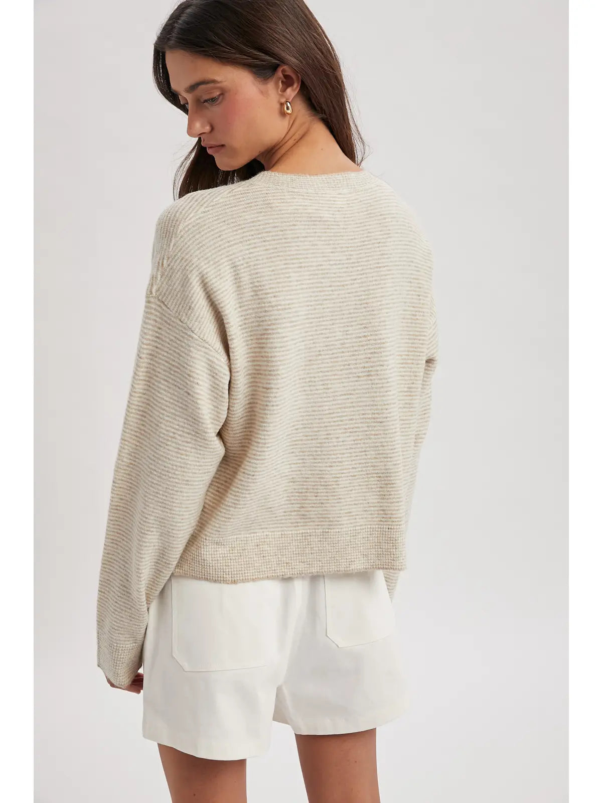 Taupe Striped Button-Up Sweater