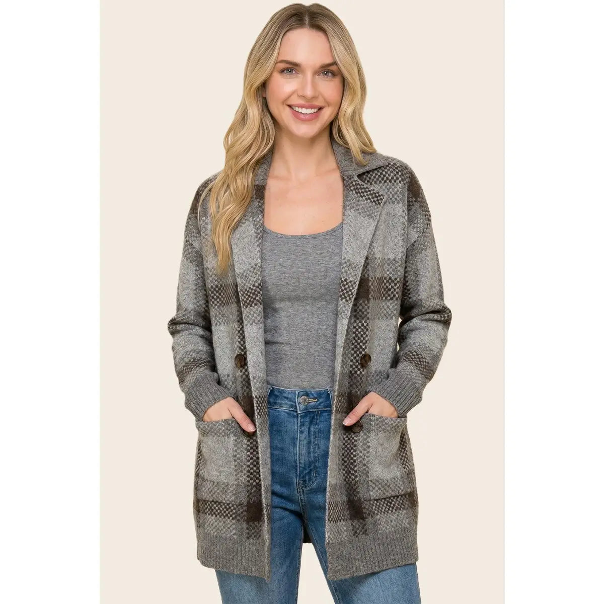Charcoal Tailor Collar Plaid Heavy Sweater Cardigan
