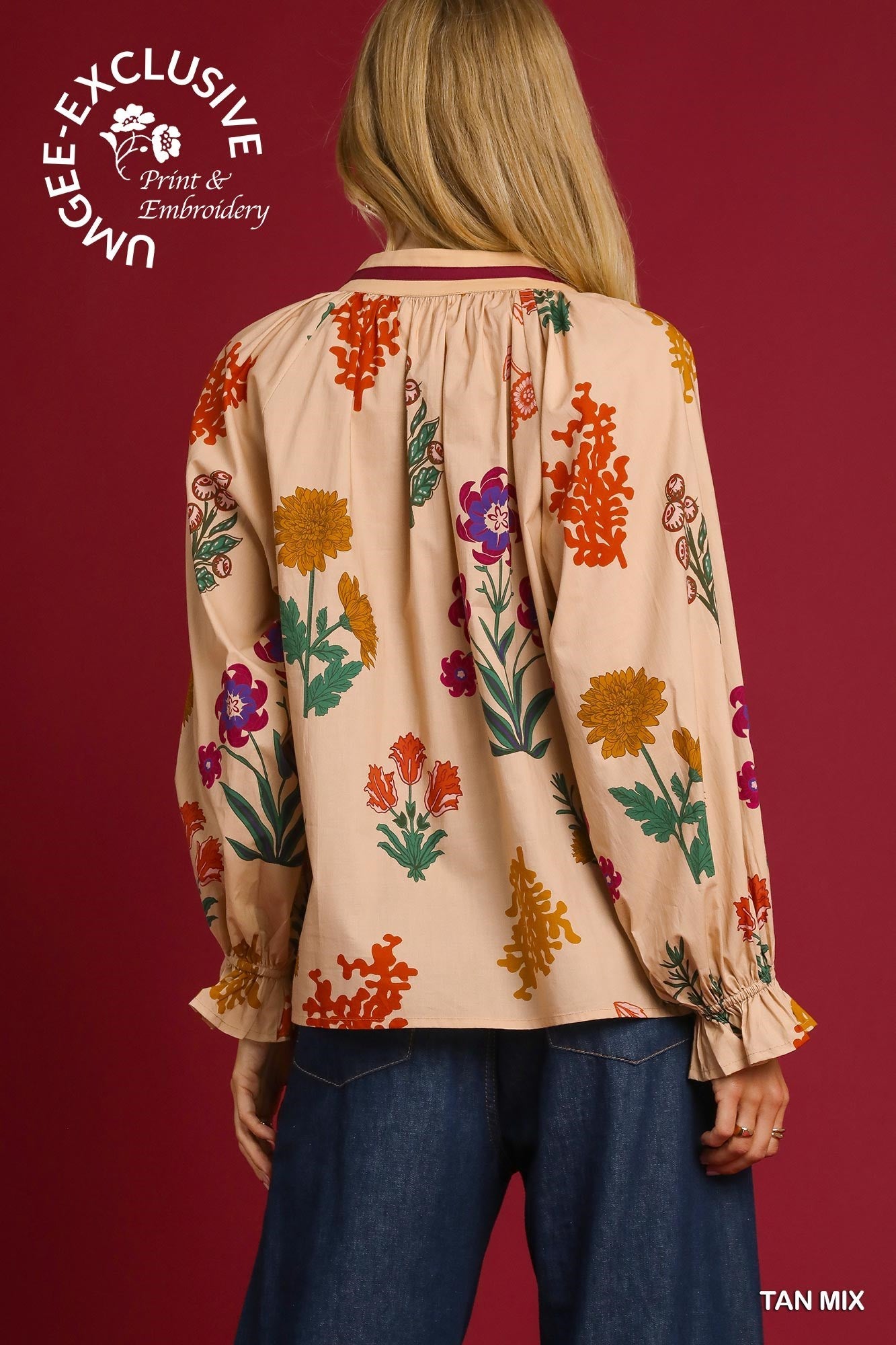 Tan Floral V Neck Top