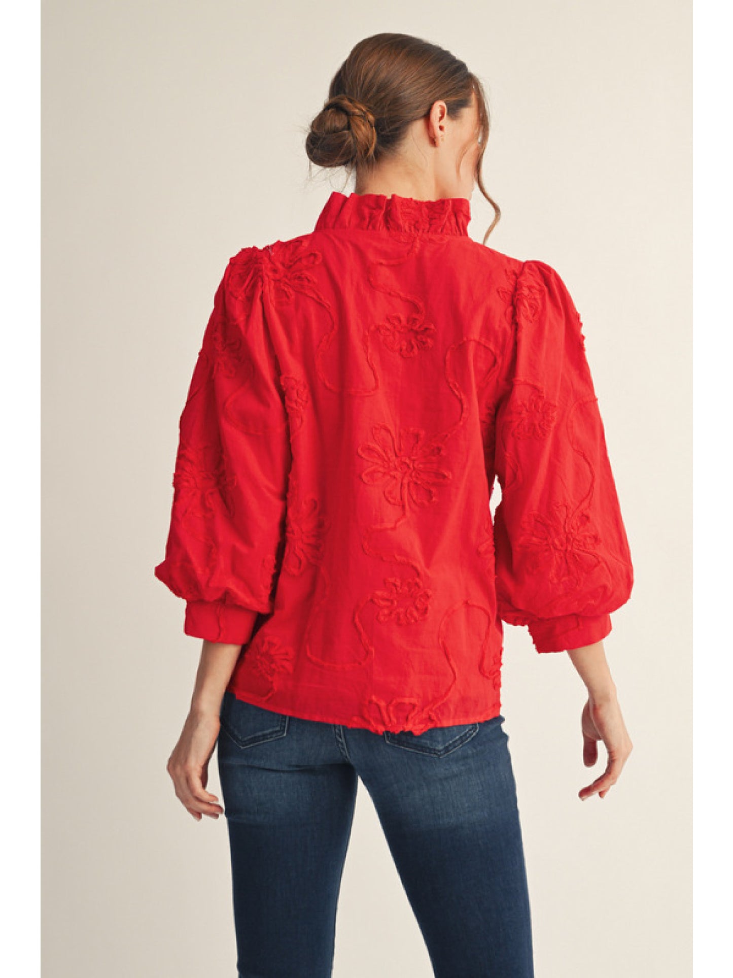 Tomato Red Textured Floral Top