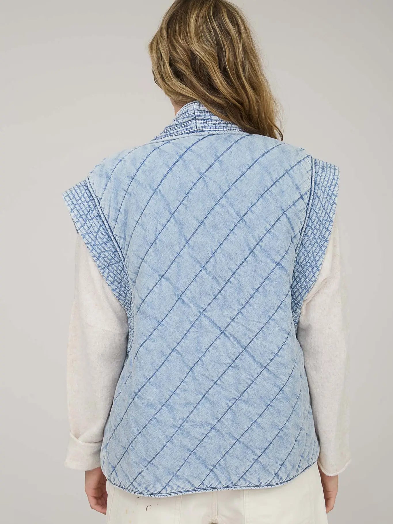 Washed Denim Quilted Shawl Vest