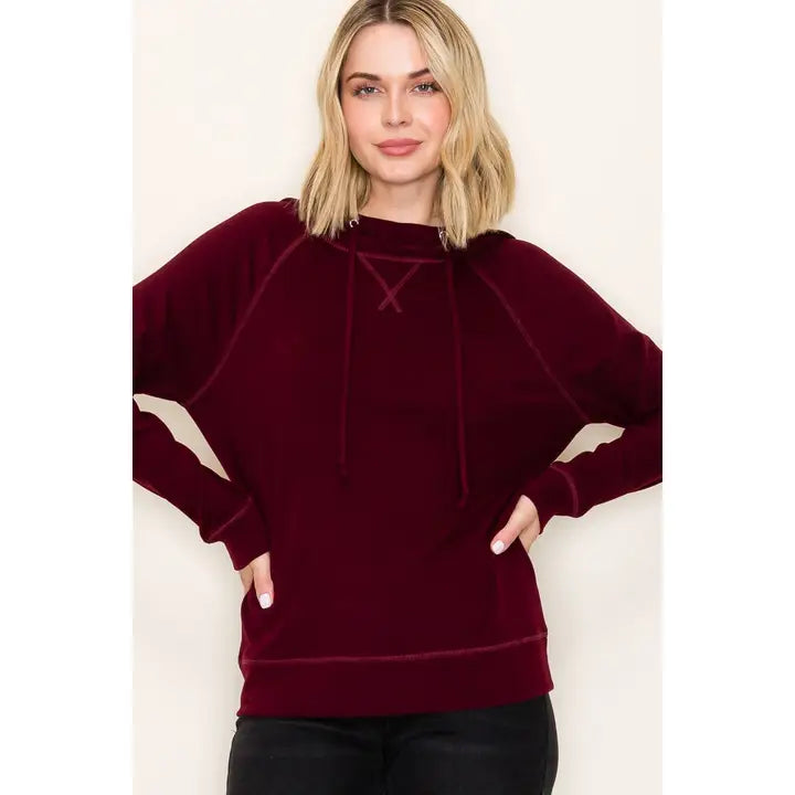 Wine Micro Brushed Pullover Hoodie Top