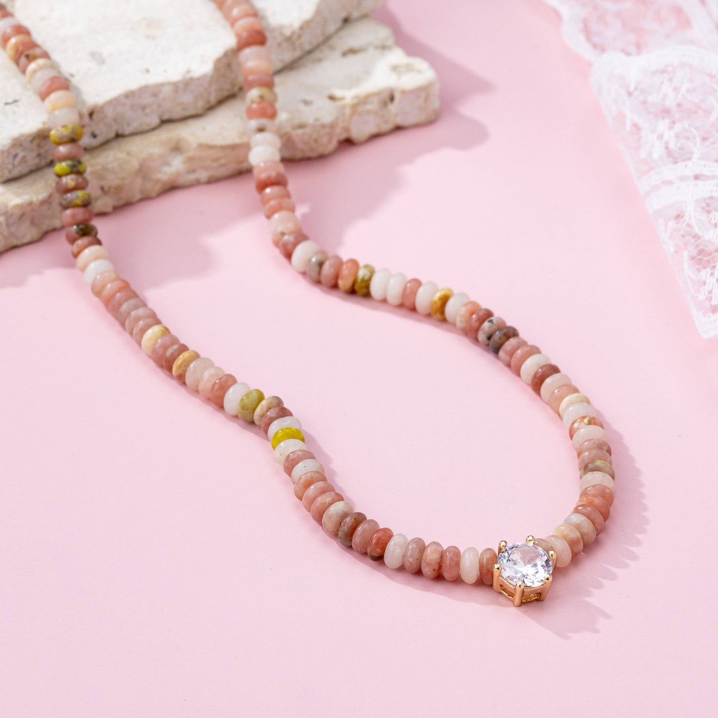 NATURAL SEMI PRECIOUS STONE BEADED CHARM NECKLACE