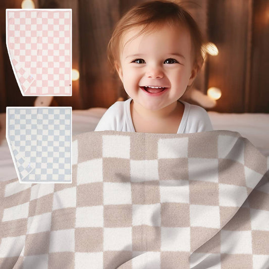 Kids Checkered Pattern Soft Throw Blanket: Beige