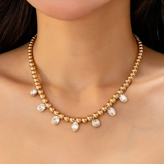 Oval Stone Beaded Ball Chain necklace