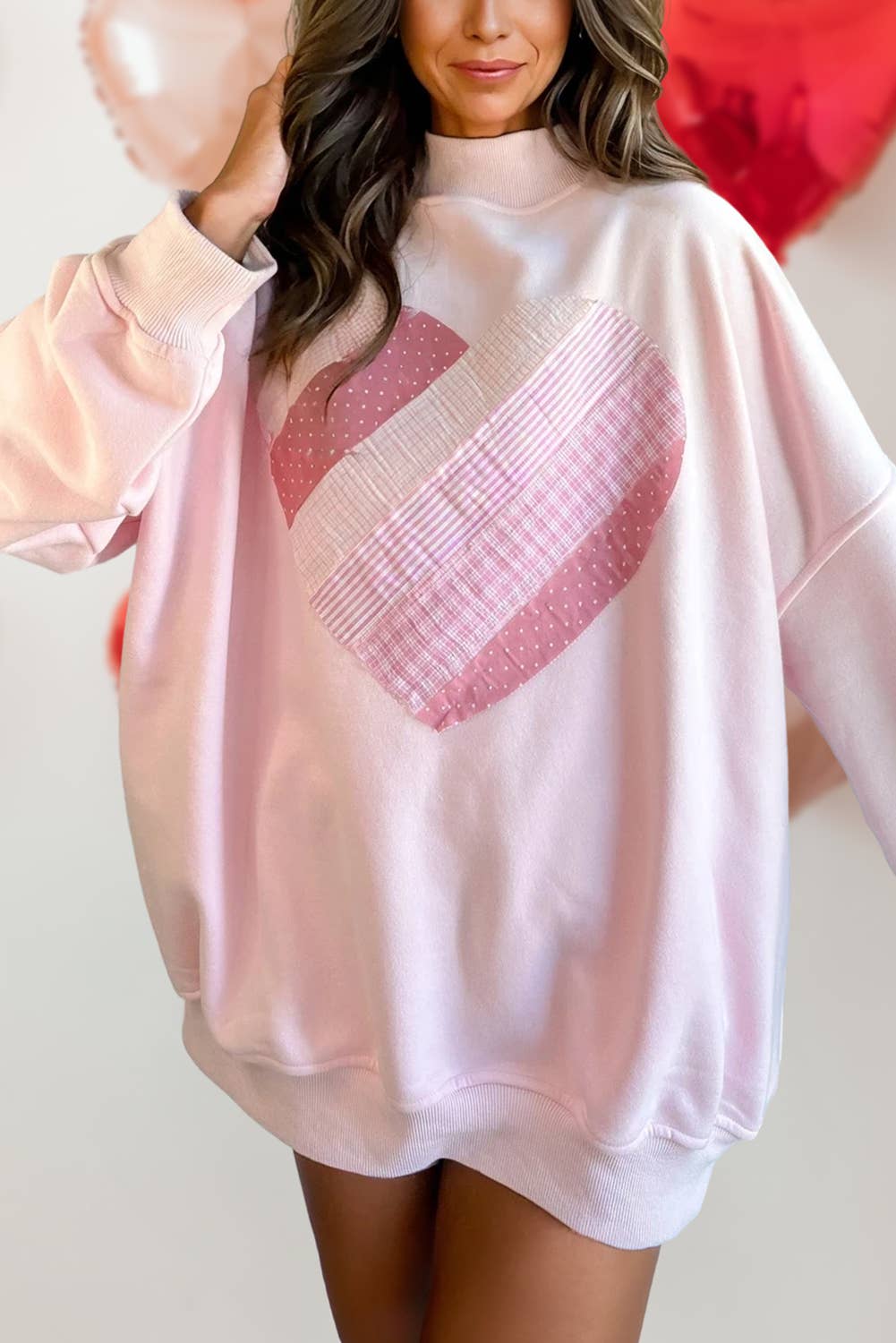 Valentines Heart Patchwork Mock Neck Sweatshirt