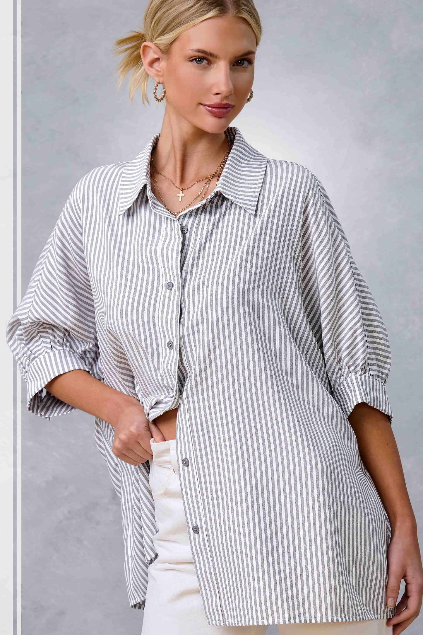 Gray Relaxed Striped 3/4 Sleeve Button Down Shirt Fall