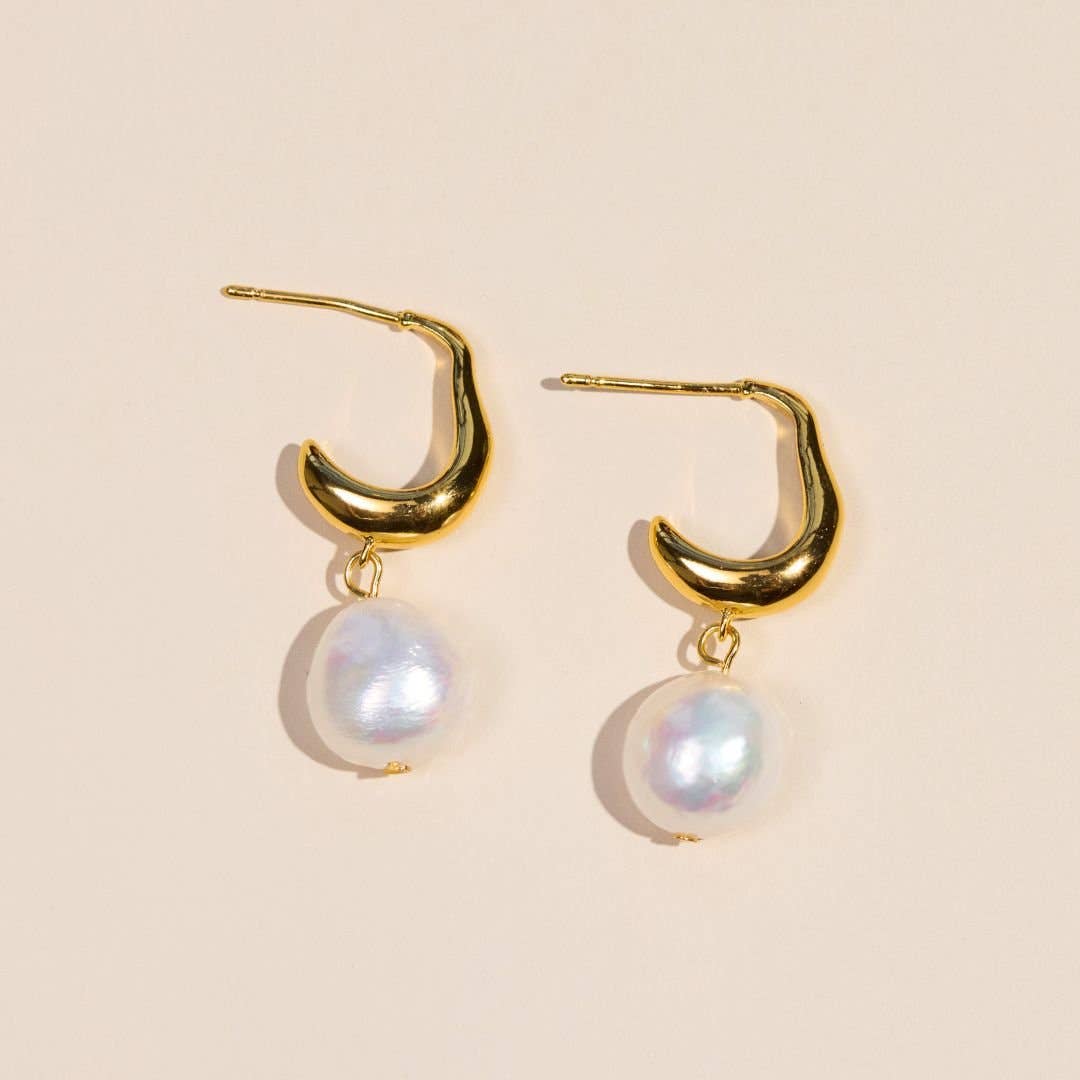 Gold Waterproof Pearl Drop Hoops Earrings Nickel & Suede