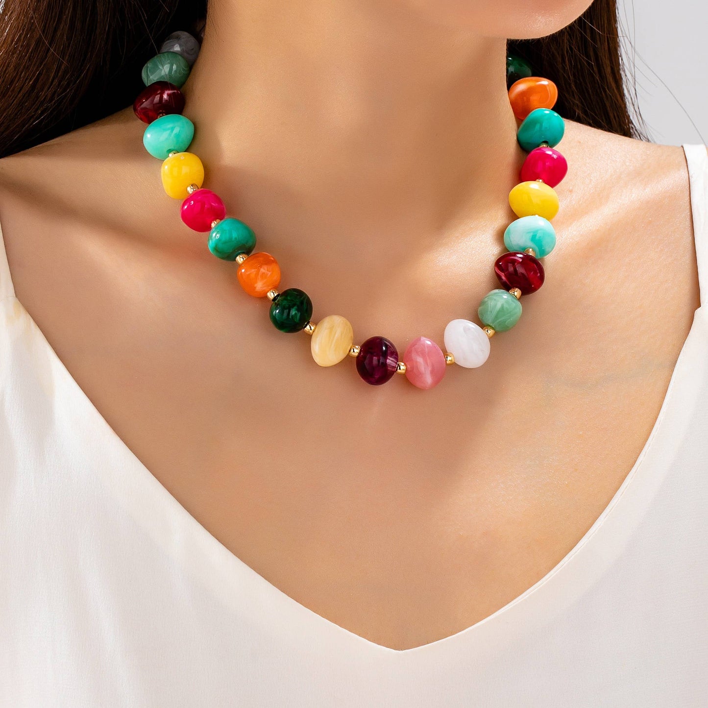 Multi Colored Resin Pebble Beaded Necklace |