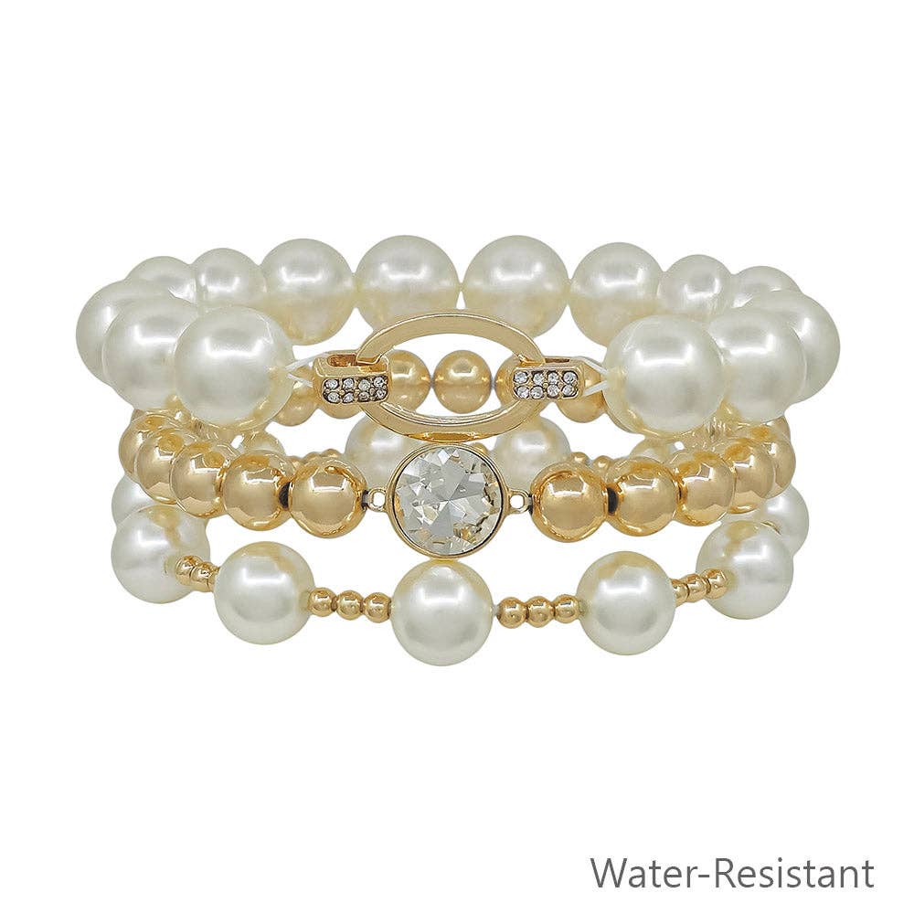 3 Oval Pave and 12MM Pearl Stretch Bracelets