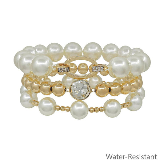 3 Oval Pave and 12MM Pearl Stretch Bracelets
