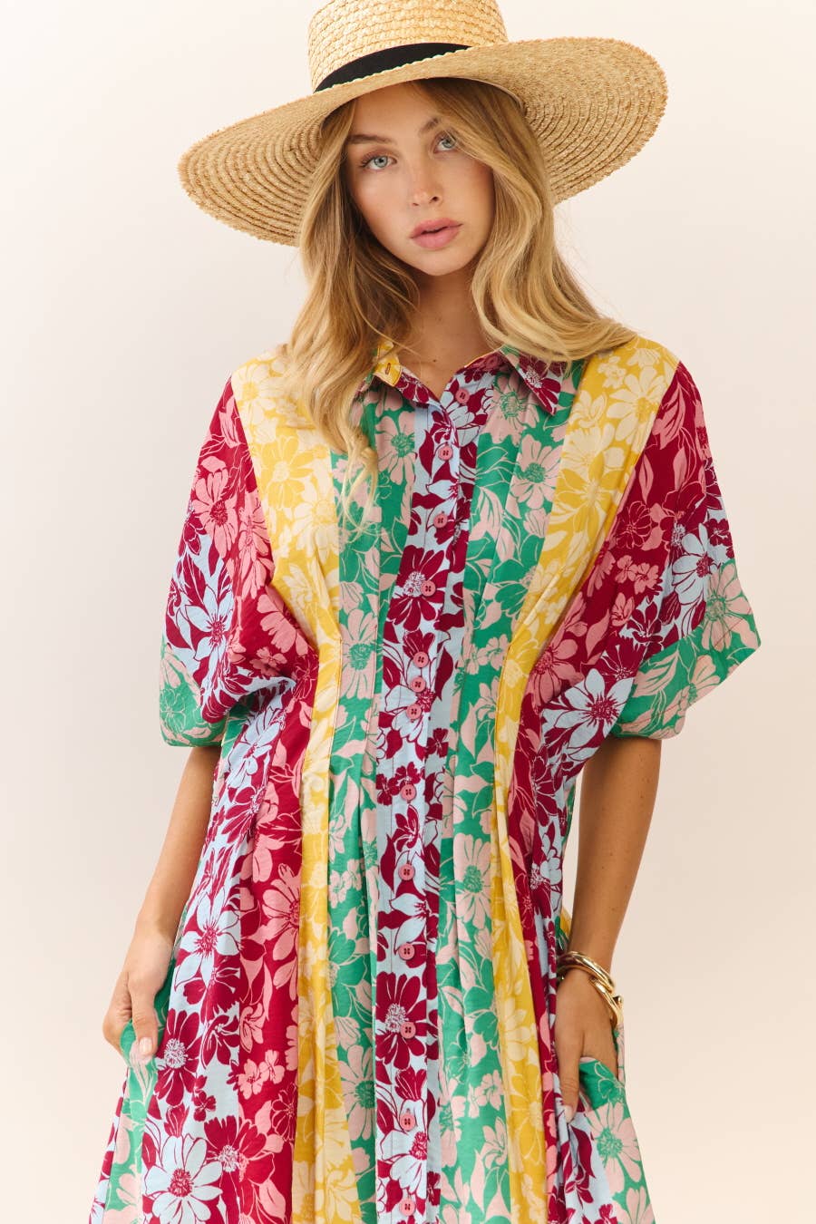 Mixed Floral Print Button-front Midi Dress